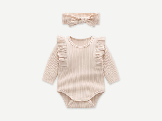 TWO-PIECE BODYSUIT & HEADWRAP SET / BEIGE / BONELESS / COTTON RIB